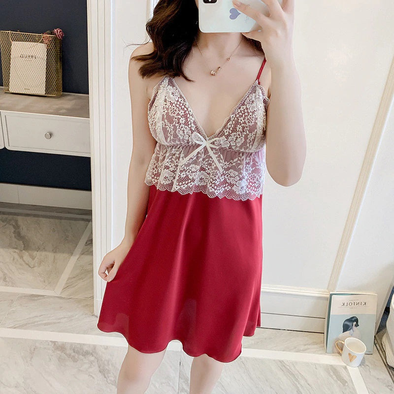 Sling Faux Silk Elegant Lace Pajamas