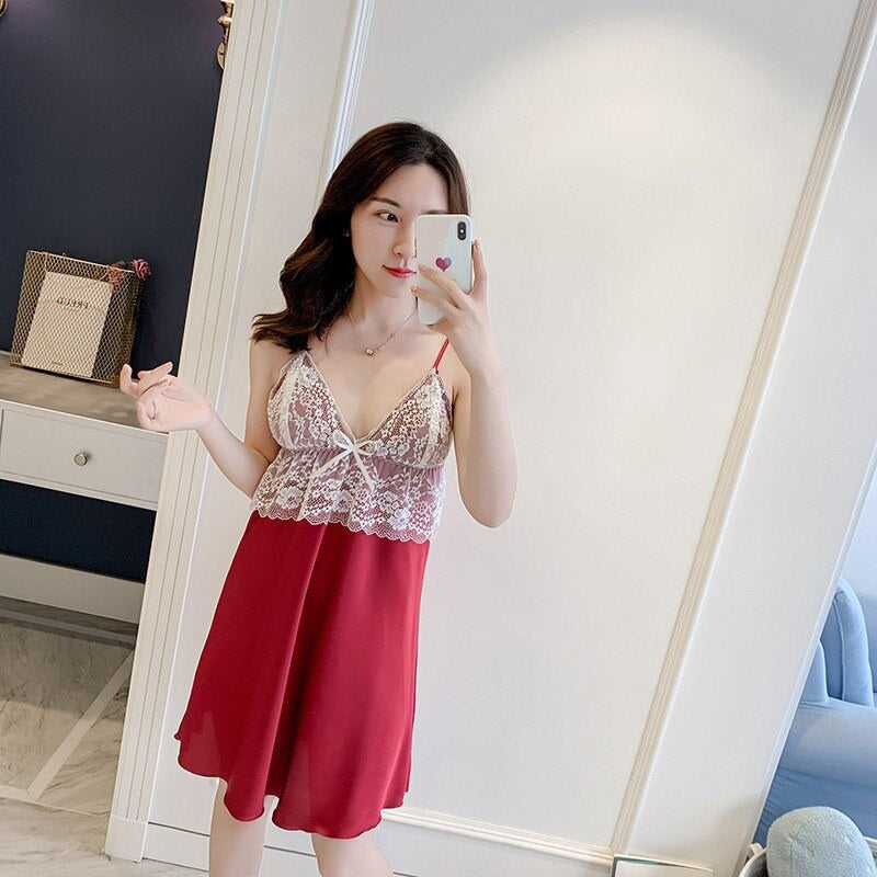 Sling Faux Silk Elegant Lace Pajamas