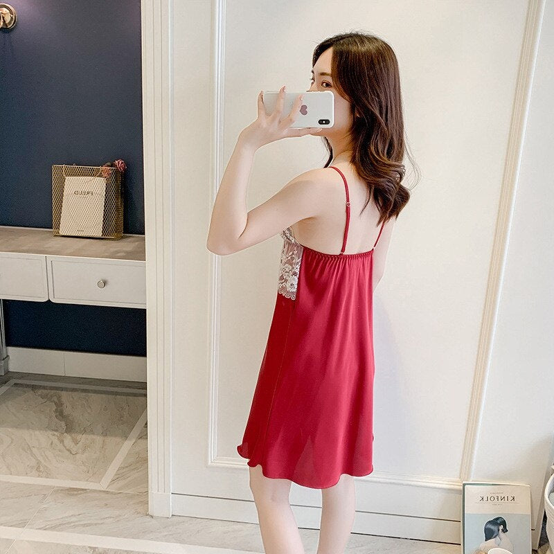 Sling Faux Silk Elegant Lace Pajamas
