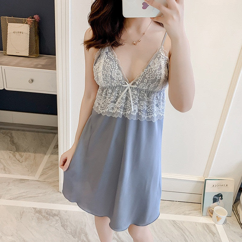 Sling Faux Silk Elegant Lace Pajamas