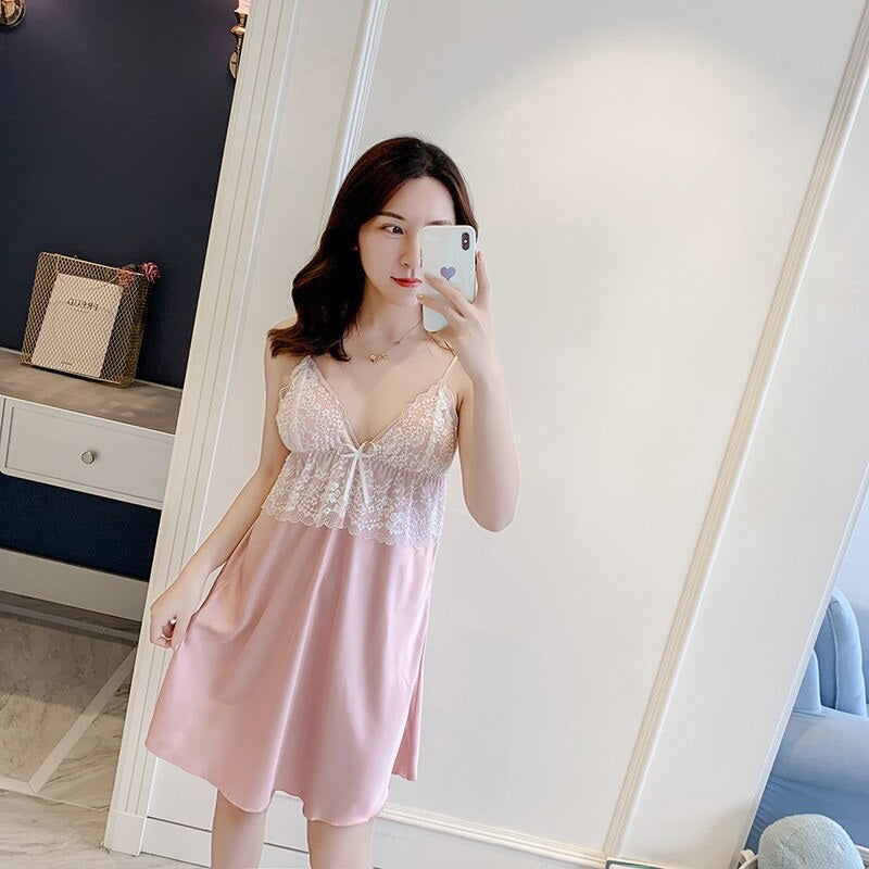 Sling Faux Silk Elegant Lace Pajamas