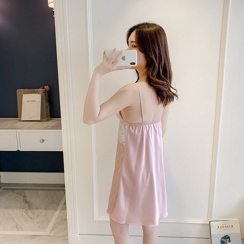 Sling Faux Silk Elegant Lace Pajamas
