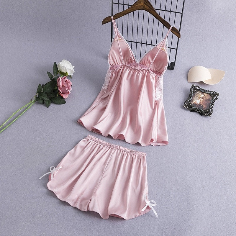 Sling Faux Silk Elegant Lace Pajamas