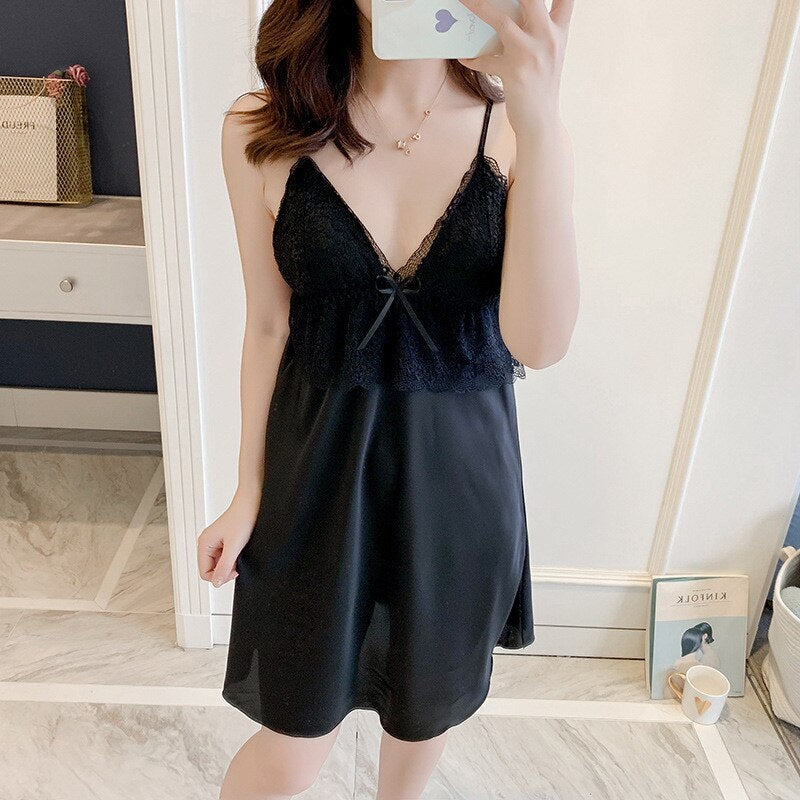 Sling Faux Silk Elegant Lace Pajamas
