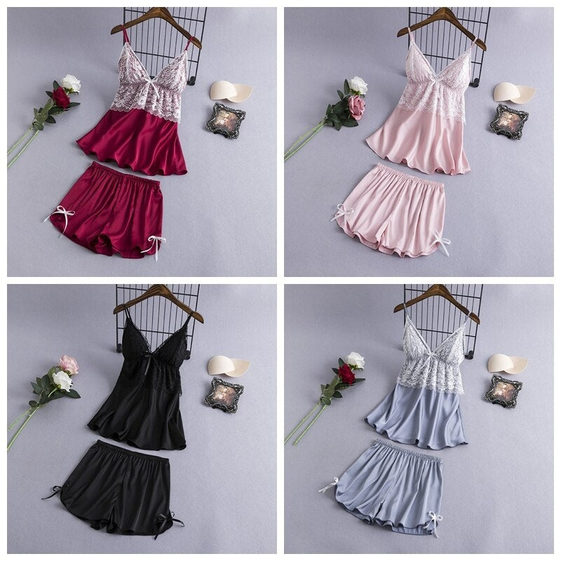 Sling Faux Silk Elegant Lace Pajamas