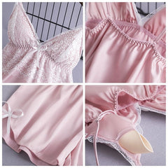 Sling Faux Silk Elegant Lace Pajamas
