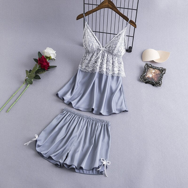 Sling Faux Silk Elegant Lace Pajamas