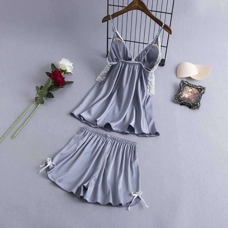 Sling Faux Silk Elegant Lace Pajamas