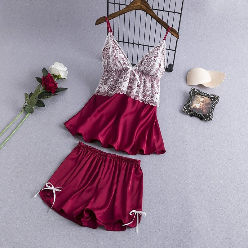 Sling Faux Silk Elegant Lace Pajamas