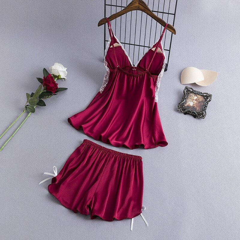 Sling Faux Silk Elegant Lace Pajamas