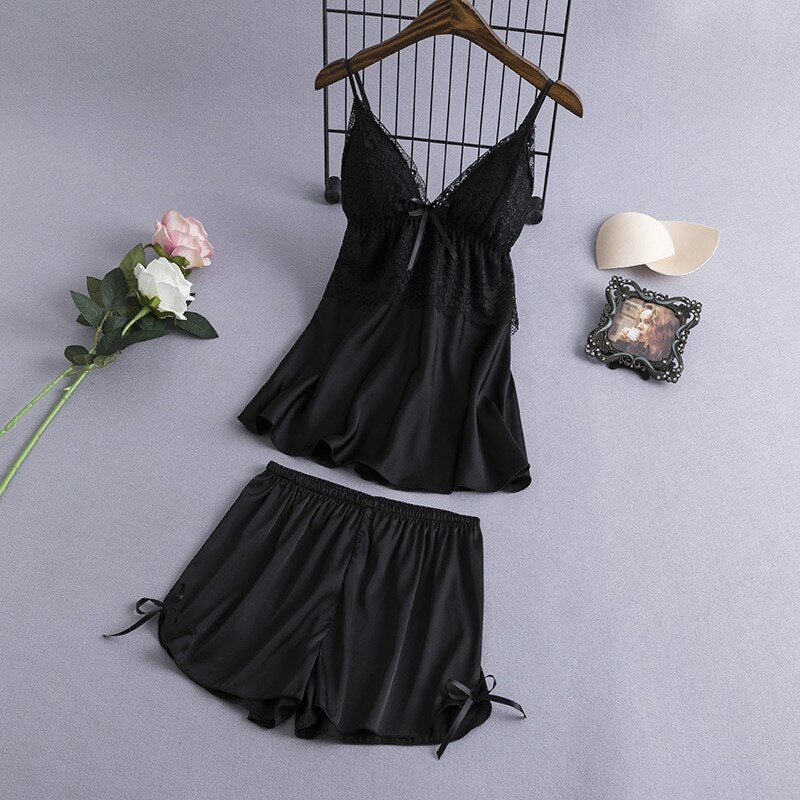 Sling Faux Silk Elegant Lace Pajamas