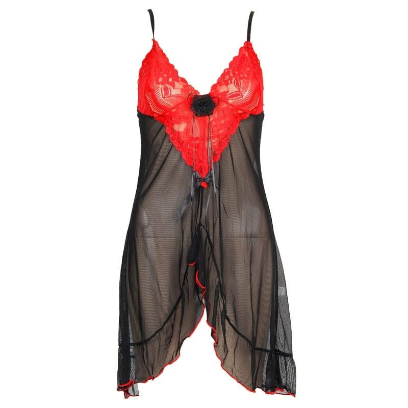 V Neck Block Color Mesh Lace Strap Nightdress