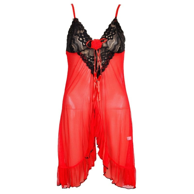 V Neck Block Color Mesh Lace Strap Nightdress