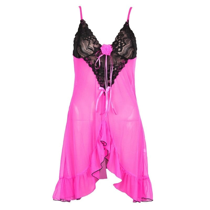V Neck Block Color Mesh Lace Strap Nightdress