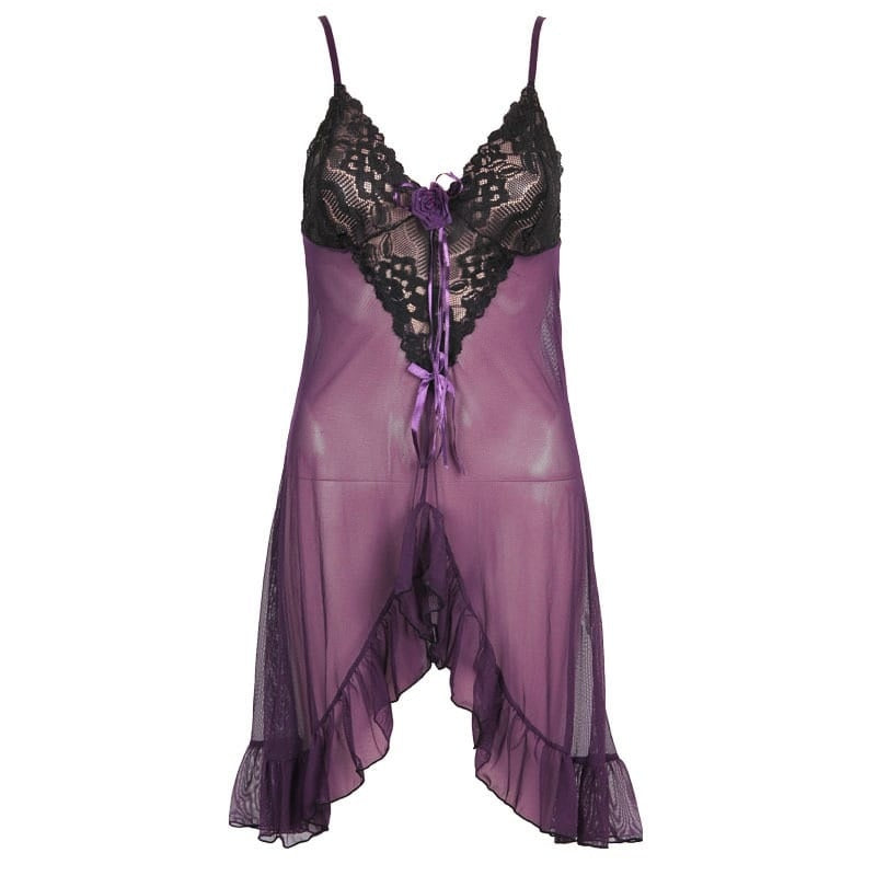 V Neck Block Color Mesh Lace Strap Nightdress