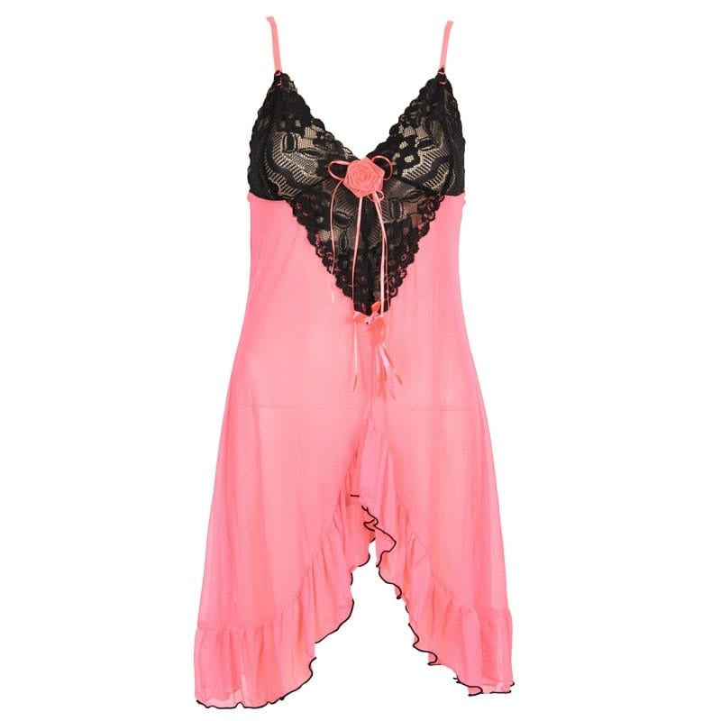 V Neck Block Color Mesh Lace Strap Nightdress