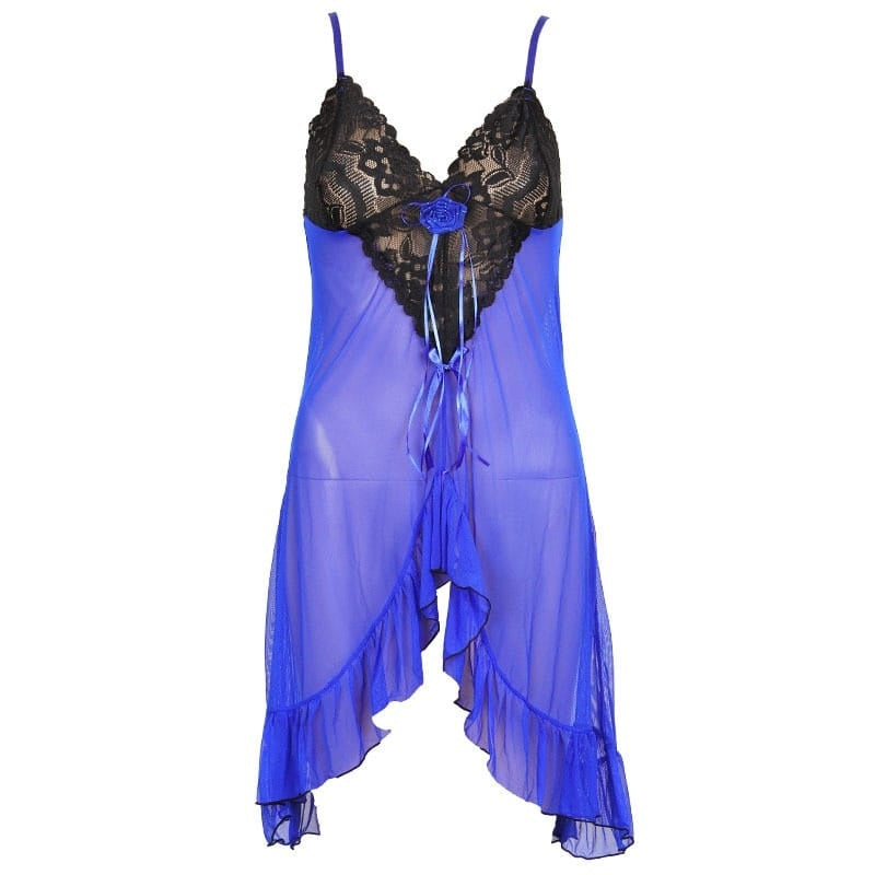V Neck Block Color Mesh Lace Strap Nightdress