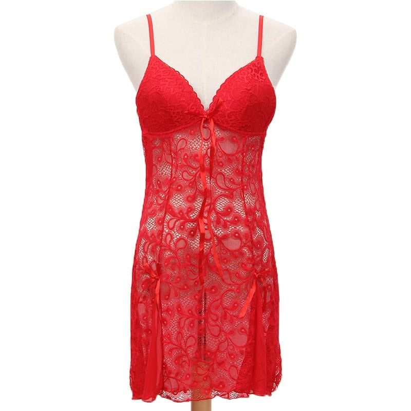 V Neck Mesh See-Through Lace Patchwork Sleep Dresses