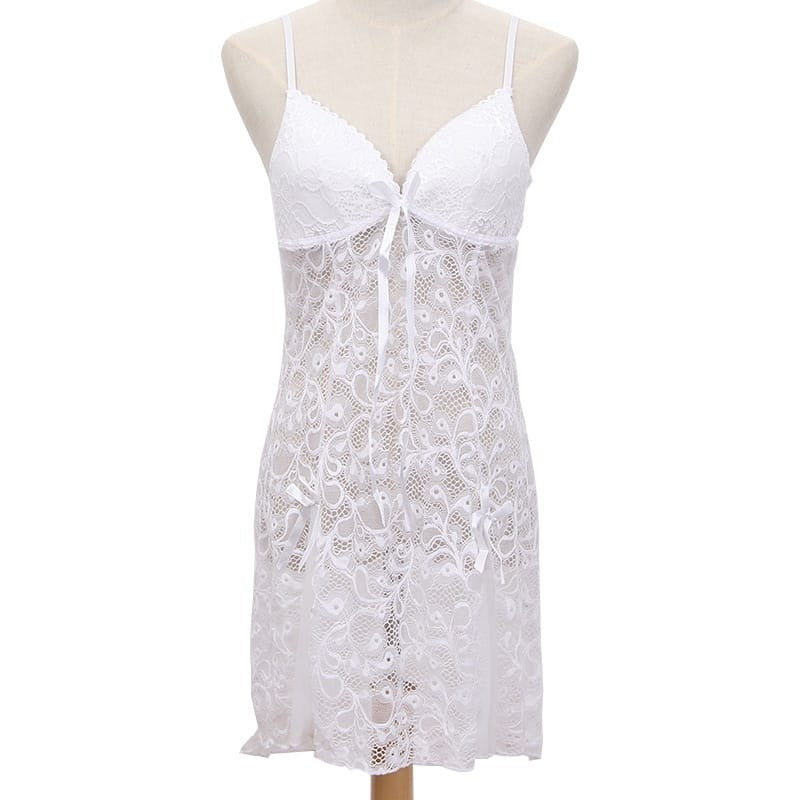V Neck Mesh See-Through Lace Patchwork Sleep Dresses