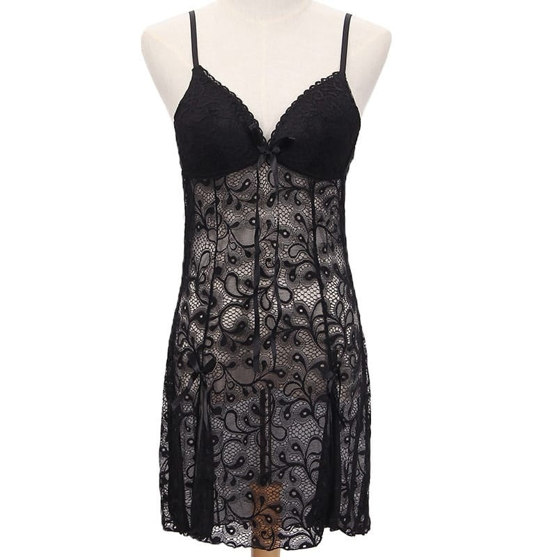 V Neck Mesh See-Through Lace Patchwork Sleep Dresses