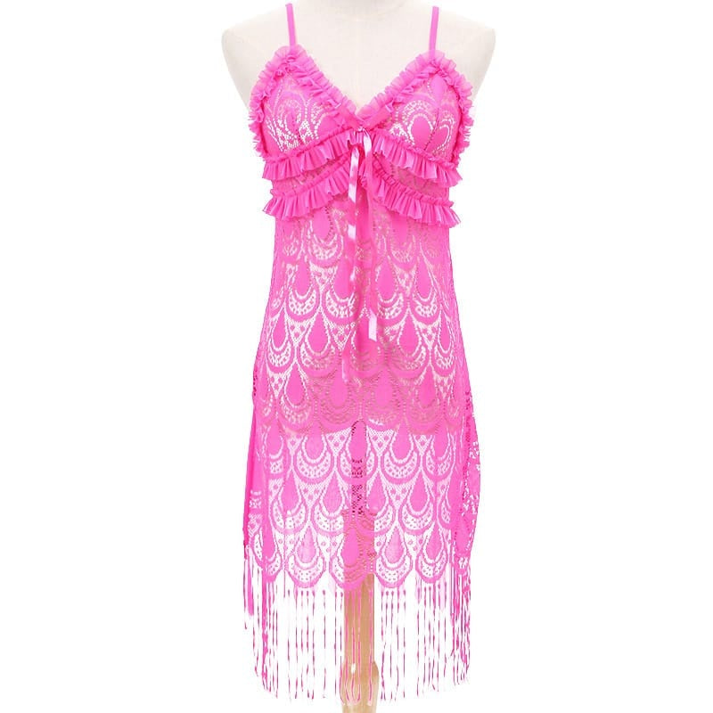 V Neck Spaghetti Strap Tassels Lace Sleep Dress
