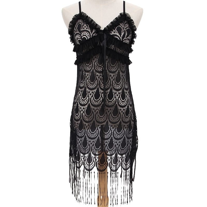 V Neck Spaghetti Strap Tassels Lace Sleep Dress