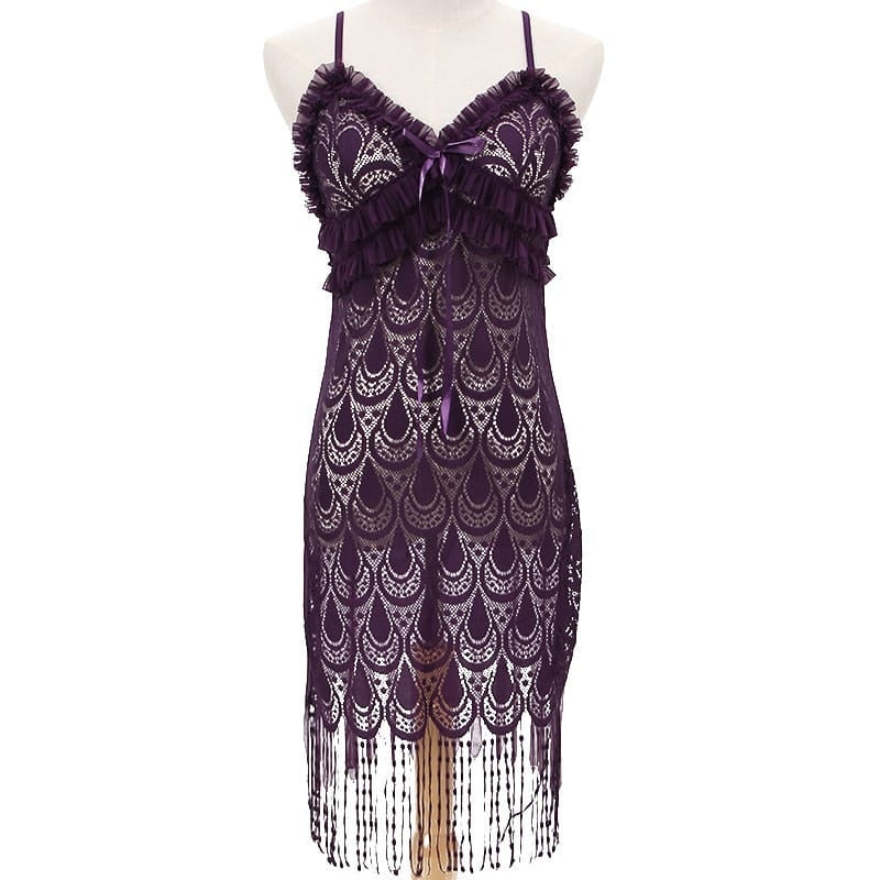V Neck Spaghetti Strap Tassels Lace Sleep Dress