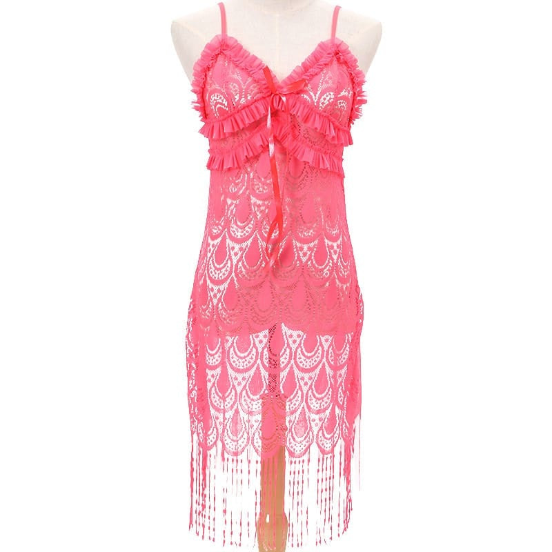 V Neck Spaghetti Strap Tassels Lace Sleep Dress