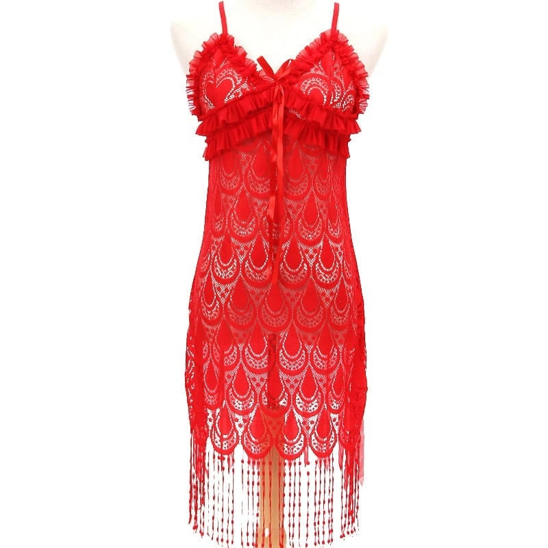 V Neck Spaghetti Strap Tassels Lace Sleep Dress