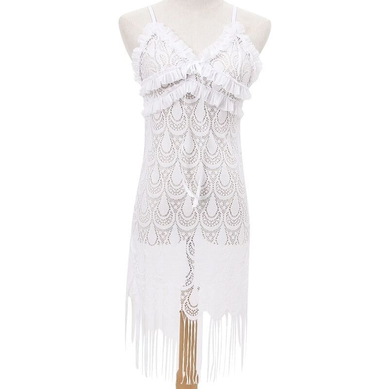 V Neck Spaghetti Strap Tassels Lace Sleep Dress