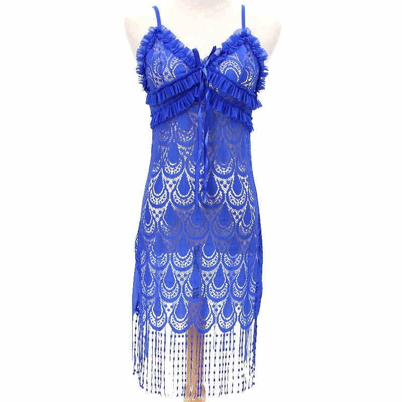 V Neck Spaghetti Strap Tassels Lace Sleep Dress