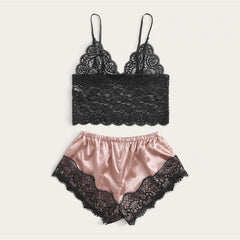 floral lace Bralette With Satin Shorts Lingerie Set
