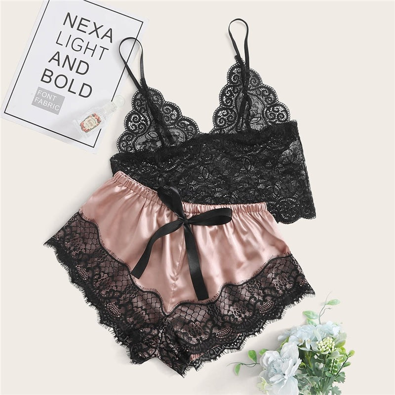 floral lace Bralette With Satin Shorts Lingerie Set