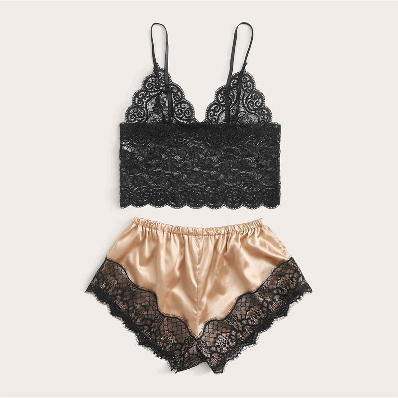 floral lace Bralette With Satin Shorts Lingerie Set