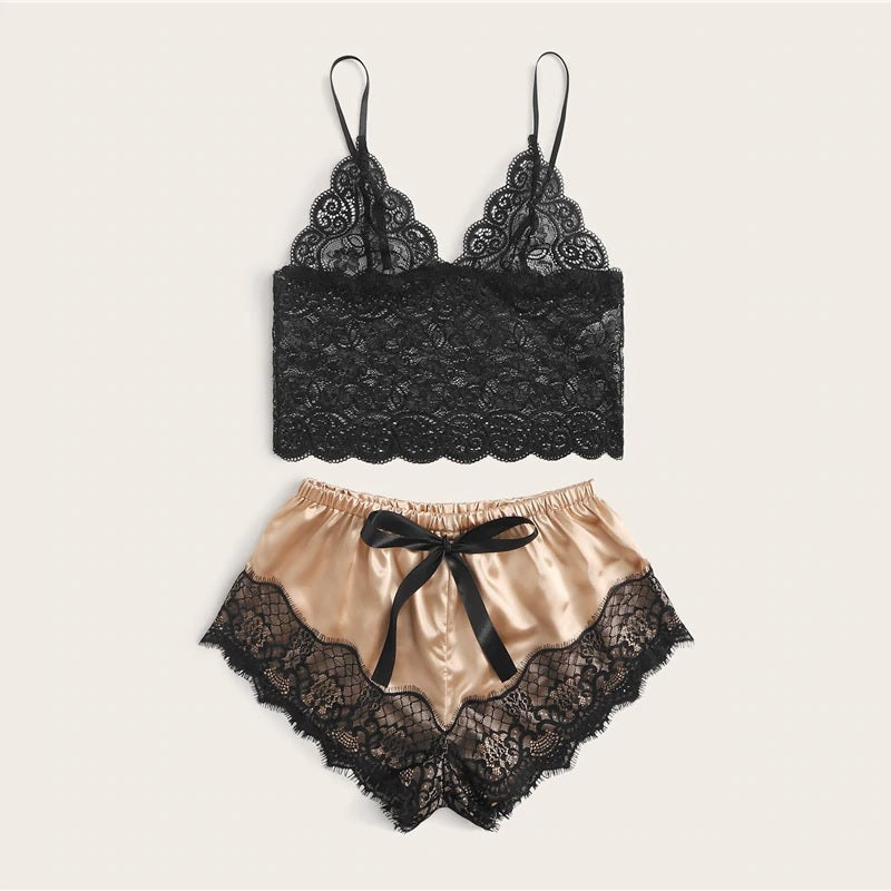 floral lace Bralette With Satin Shorts Lingerie Set
