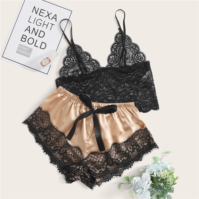 floral lace Bralette With Satin Shorts Lingerie Set