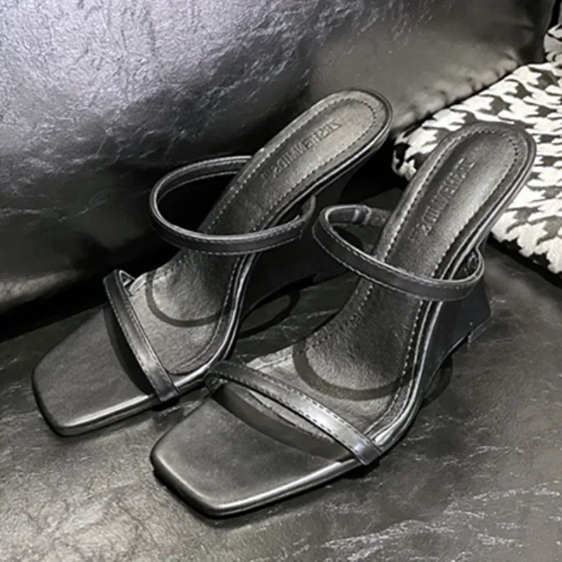 Wedge Heeled Sandals Slingback Slide Slippers Square Toe High Heels Party Sandalias
