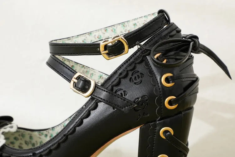 2.5 Platform Cute Bow Lace Princess Lolita Shoes Party 10cm High Heel Buckle Big size 43