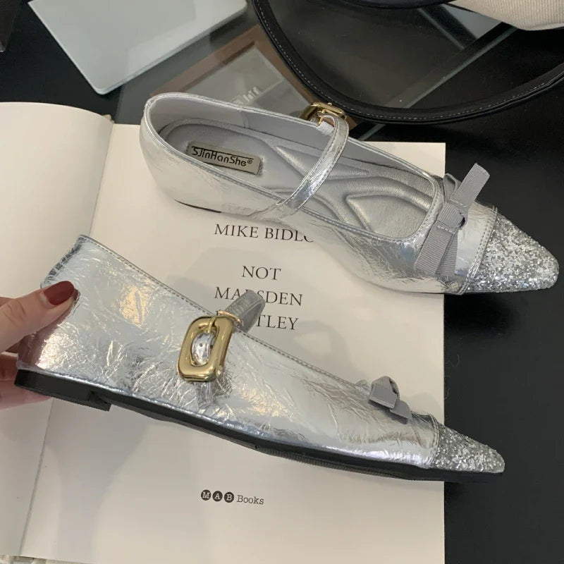 Bling Butterfly-knot Mary Jane Shoes Elegant Flat Shoes Shallow Comfort Increased Internal Brand