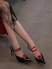 Black Pointy Toe Sandals Red Strappy Stiletto Heels Buckle Back Straps Party Comfort Shoe