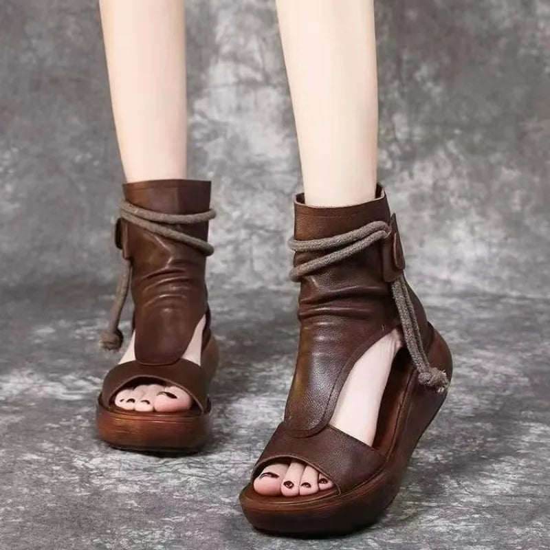 Roman Shoes Leisure High Top Elevated Slope Heel Cool Boots Soft Leather Thick Sole Fish MouthSandals