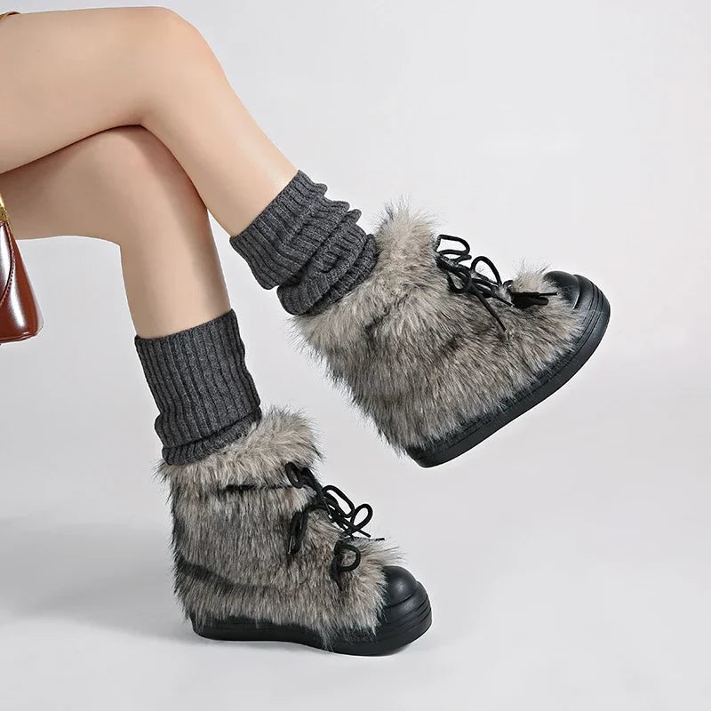 Furry Lace Up Snow Boots Concise Height Increase Shoes Thick Sole Warm Cotton Short Booties Zapatos De Muje