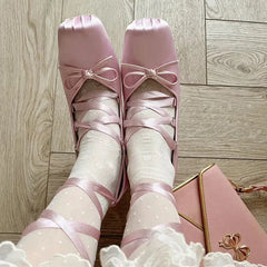 Silk square toe 9cm heel ballet shoes lace up