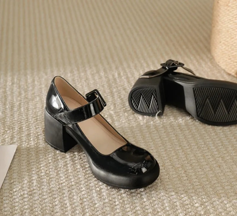 High Heels Word Belt Mary Jane Single Shoes Thick Heel Light Mouth Buckle High Heel Leather Shoes