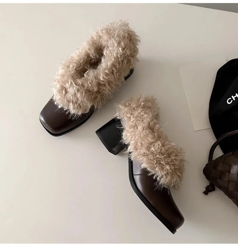 Ins style Square toe Patent Leather Wool Warm High heels Loafers Casual Girls Chunky Shoes