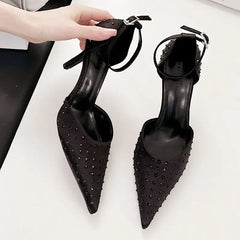 Rhinestone Pointed Toe Thin High Heels Elegant Ankle Strap Buckle Heeled Sandals Banquet