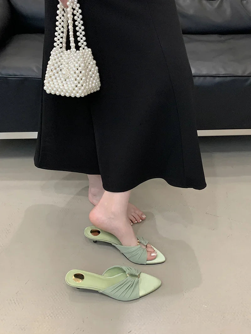 Pleated Silk Hollow Out Metal Buckle Slippers Sandal Pointed Toe Low Thin Heels Beach Party