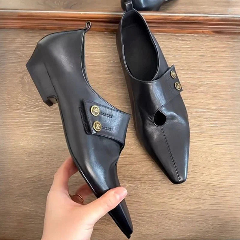 Low Heel Loafers Retro Pointed Toe British Style Small Leather Shoes Elegant Brand Mary Jane Shoes