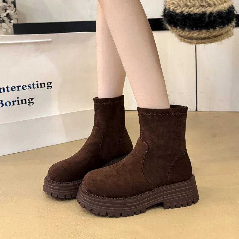 Chelsea Ankle Boots Suede Snow Short Botas Platform Mid Heels Shoes Brand Casual Sport Boots