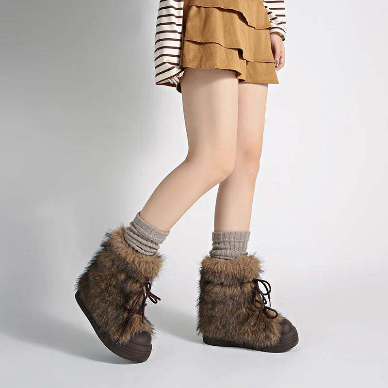 Furry Lace Up Snow Boots Concise Height Increase Shoes Thick Sole Warm Cotton Short Booties Zapatos De Muje